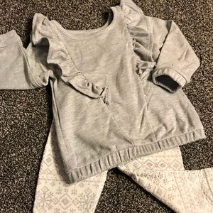 Sparkly gray sweater w/ ruffles & snowflake pants